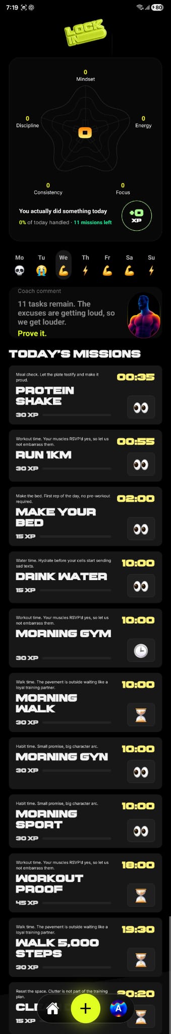 Lock In app showing progress, a coach comment, and today's missions